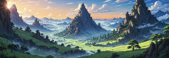 Wall Mural - Majestic Mountain Valley at Sunset.