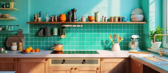 Wall Mural - Modern Kitchen Interior Design with Teal Tiles and Wooden Cabinets