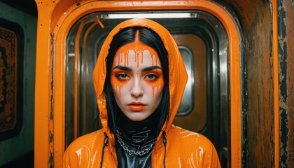 Poster - Woman In Orange Raincoat With Dripping Paint Makeup.