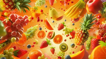 Wall Mural - Colorful fruits and vegetables assortment background for healthy eating and lifestyle concept