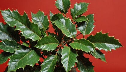 Wall Mural - Green Leaves on Red Background.