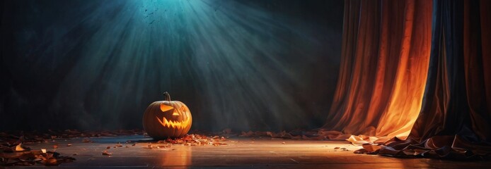 Poster - Spooky Halloween Jack-o'-lantern in a Dark Room.