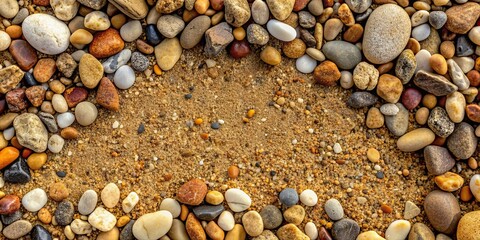 Canvas Print - Top view of various pebbles and rocks scattered on gravel and soil background, stones, pattern, abundance, pebbles, rocks, gravel