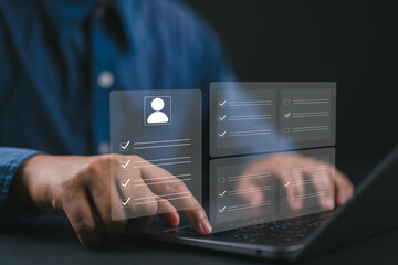 Leinwandbilder - Business and technology concept. Fill out an online employee assessment form. Human resource management, HR, recruitment, leadership and teambuilding.