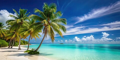 Poster - Tropical landscape with palm trees, turquoise water, and white sandy beach, tropical, landscape, palm trees, turquoise