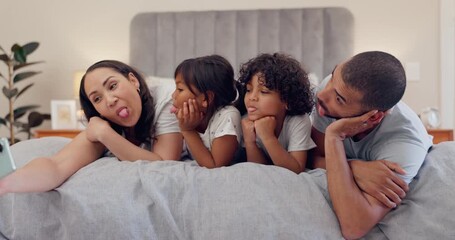 Sticker - Selfie, funny and family on bed with comic, laughing and crazy moment with care in bedroom. Smartphone, profile picture and parents by children to relax, social media and vacation for love in home