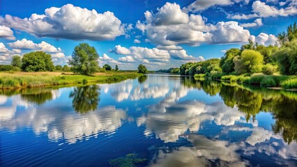 Wall Mural - Summer river landscape with fluffy clouds reflecting on the water, river, landscape, summer, clouds, reflection, nature