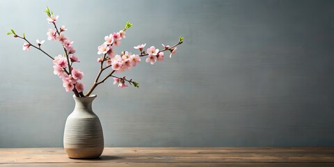 Poster - Sakura cherry blossom branch in ceramic vase on nice backdrop, sakura, cherry blossom, branch, ceramic vase, spring, flowers