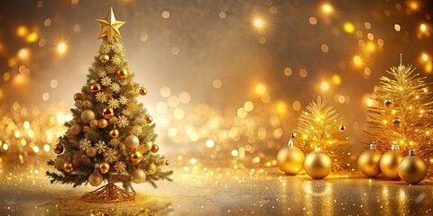 Poster - Golden Christmas tree with sparkling lights and ornaments , holiday, festive, decorations, shining, joyful, celebration, winter