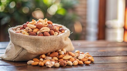 Poster - Bag filled with nuts sitting on top of table next , nuts, healthy, snack, assorted, food, nutrition, almonds