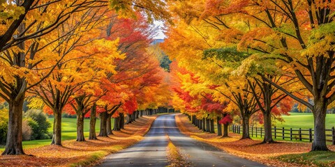 Poster - Autumn trees with colorful leaves lining a scenic driveway, autumn, trees, driveway, landscape, fall, foliage, colorful, red