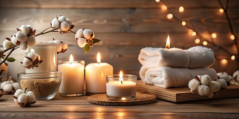 Wall Mural - Relaxing spa ambiance with candles, cotton bouquet, and clean table , luxury, wellness, beauty, massage therapy