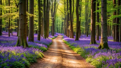 Sticker - Path winding through forest with tall trees and purple flowers blooming alongside, Nature, landscape, tranquil, serene, scenic