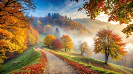 Poster - A misty autumn morning on a hillside with vibrant foliage and a winding path , misty, autumn, hillside, vibrant foliage