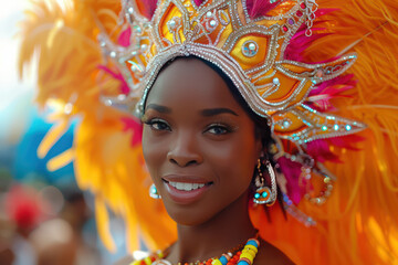 Portrait of A model in a vibrant colorful a traditional carnival costume, including feathers and beads, dancing at a street festival with bright makeup