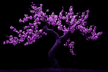 Wall Mural - Purple neon plum tree silhouette isolated on black background.