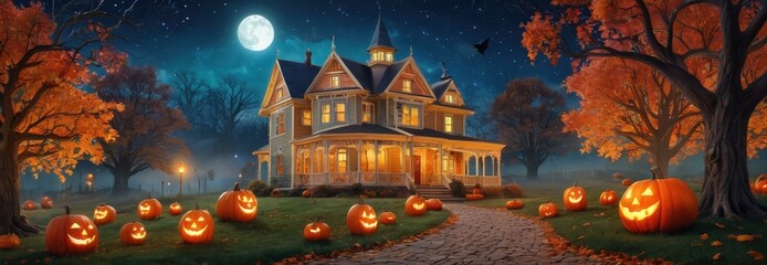 Sticker - Haunted House with Jack-o'-Lanterns on Halloween Night.