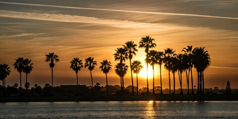 Wall Mural - Golden sunset over Coronado Island with silhouette of palm trees and glowing sky, sunset, Coronado Island, San Diego, CA