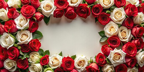 Sticker - Frame filled with beautiful red and white roses, roses, flowers, petals, floral, decoration, border, nature