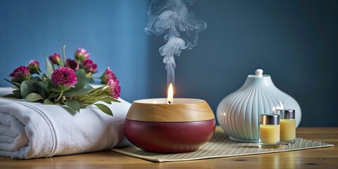 Canvas Print - A peaceful spa retreat with a soothing aroma diffuser and flickering candle creating a serene and tranquil atmosphere, relaxing