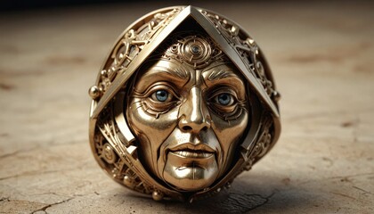 Sticker - Golden Mechanical Head Sculpture.