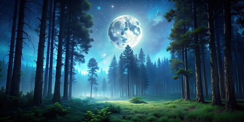 Sticker - Majestic night scene in the forest with moonlight shining through the trees, night, forest, moonlight, trees, nature