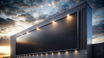 Poster - Empty black billboard with backlights on building wall against sky, perfect for mall advertising , blank, billboard, mockup