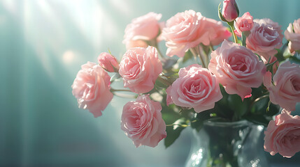 A close-up of a bouquet of pink roses in a glass vase, with soft, natural light enhancing their delicate petals. 