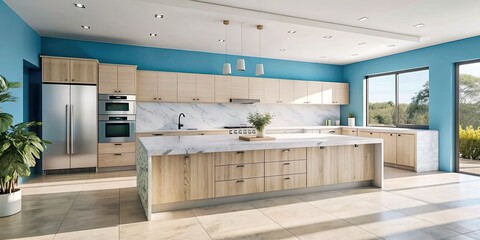 Wall Mural - Spacious kitchen with sky blue walls, light wood cabinets, and large marble island, kitchen, spacious, sky blue