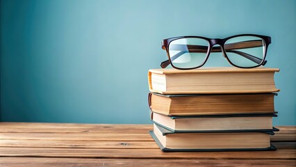 Poster - Stack of books with glasses on top, education, reading, knowledge, learning, literature, study, academic, stack, pile