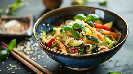 Bowl of vegetable stir-fry with rice noodles