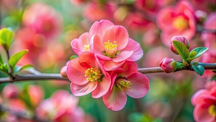 Canvas Print - Selective-focus shot of a delicate pink flower of Flowering quince, nature, beauty, springtime, close-up, soft, blur, pink, petal