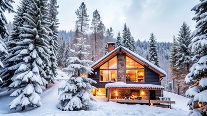 Wall Mural - Cozy modern mountain chalet with fireplace, surrounded by snow-covered trees, chalet, modern, cozy, fireplace, ambiance, snow