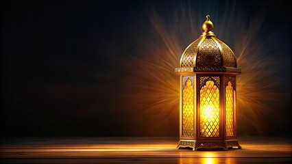 Sticker - Ramadan golden lantern shining brightly in the dark night, Ramadan, golden, lantern, light, glowing, decoration