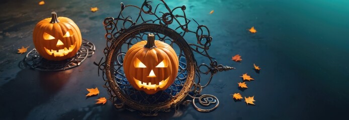 Sticker - Glowing Halloween Pumpkins with Autumn Leaves.