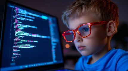 A focused young boy wearing glasses engages with coding on a laptop in a dimly lit room, showcasing early tech enthusiasm.