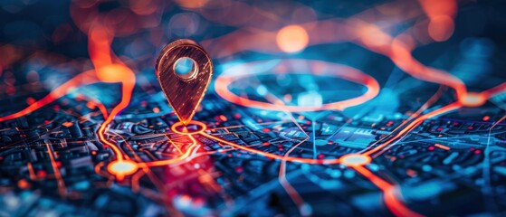Location pin on a map, overlaid with double exposure of digital network, symbolizing tech-driven business solutions