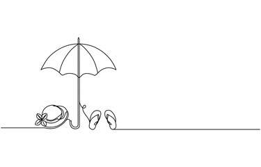 Continuous line drawing of summer vacation concept, sandy beach, beach umbrella, lounge chairs, straw hat, sunglasses and flip flops on tropical beach in single line doodle style. pro vector.