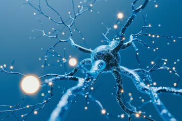 Wall Mural - Abstract neuron network with glowing nodes on a dark blue background, representing the intricacy of neural pathways and connections.