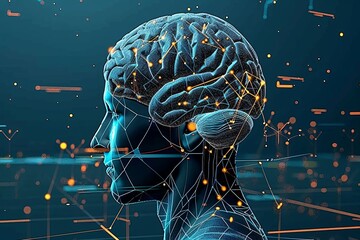 Wall Mural - Neural connections illuminate a dark futuristic brain with blue lights in conceptual visualization