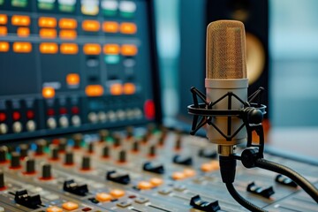 Close-up of a microphone in a professional recording studio with sound mixing equipment in the background.