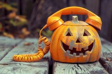 Wall Mural - Vintage Orange Telephone Styled as a Halloween Pumpkin Sitting on a Wooden Table