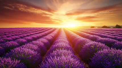 A scenic view of a lavender field at sunset, with rows of purple flowers stretching towards the horizon under a golden sky 