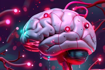 Wall Mural - Neon-lit brain entwined with technology wires, depicting the fusion of human intelligence and AI.