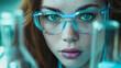 © CreativeIMGIdeas - A woman wearing blue glasses is looking at a beaker. Concept of curiosity and scientific exploration