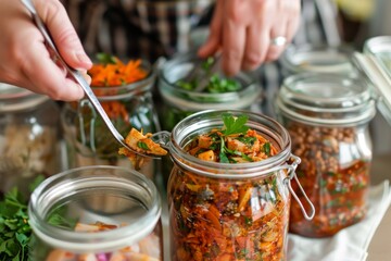 Wall Mural - Hand Preparing Colorful Pickled Vegetables in Jars with Fresh Ingredients on a Wooden Table