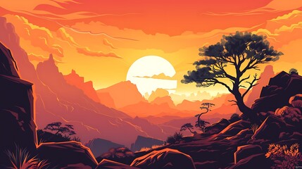 Wall Mural - Sunset Over Mountain Range with Silhouetted Trees