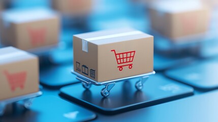 Wall Mural - digital shopping cart, a small cardboard box on a shopping cart icon, reflects the rise of online re