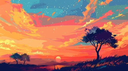 Wall Mural - Sunset Sky with Silhouetted Trees and Stars