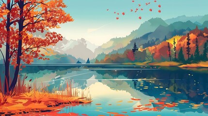 Wall Mural - Autumnal Serenity: Mountain Lake with Maple Tree